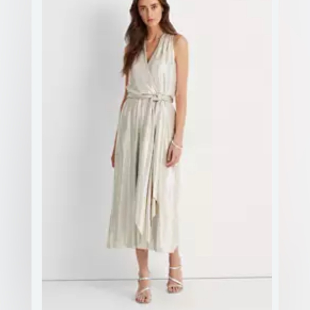Lauren Ralph Lauren Sleeveless Cream Metallic Wrap Midi Dress